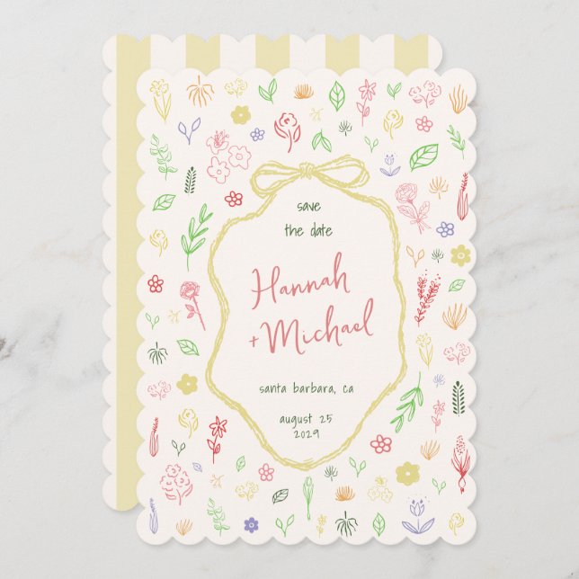 Hand Written Drawn Pastel Flowers Spring Wedding Save The Date (Front/Back)