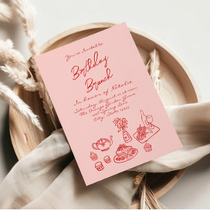 Hand Written Drawn Pink Quirky Fun Birthday Brunch Invitation