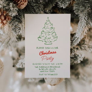 Hand Written Drawn Red Green Christmas Tree Party  Invitation