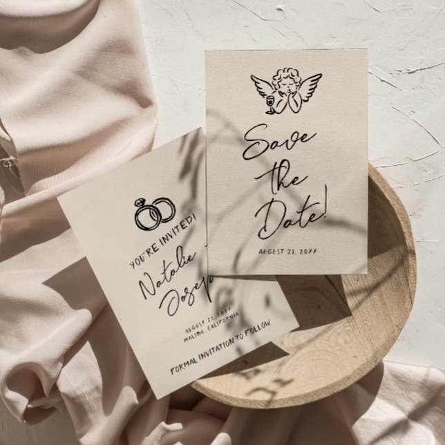 Hand Written Drawn Retro Cupid Quirky Wedding Save The Date (Creator Uploaded)