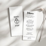 Hand Written Drawn Retro Quirky Unique Wedding Menu<br><div class="desc">A colourful retro funky modern peach yellow wedding dinner menu. Which features chic template design of boho vintage white background and black typography and hand written menu in black. And white back background with hand drawn heart in lock on the back. Perfect and matching with the whole suite.</div>