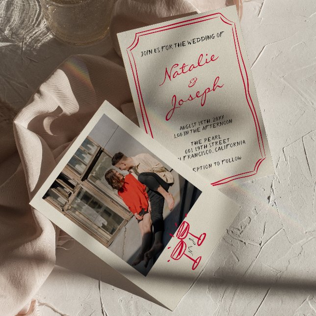 Hand Written Drawn Whimsical Retro Photo Wedding Invitation (Creator Uploaded)