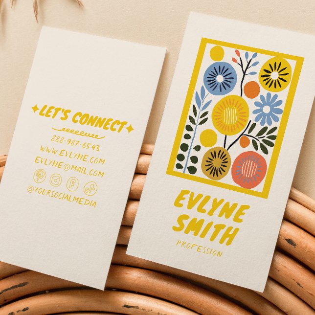 Hand Written Drawn Yellow Bold Retro Floral Unique Business Card (Creator Uploaded)