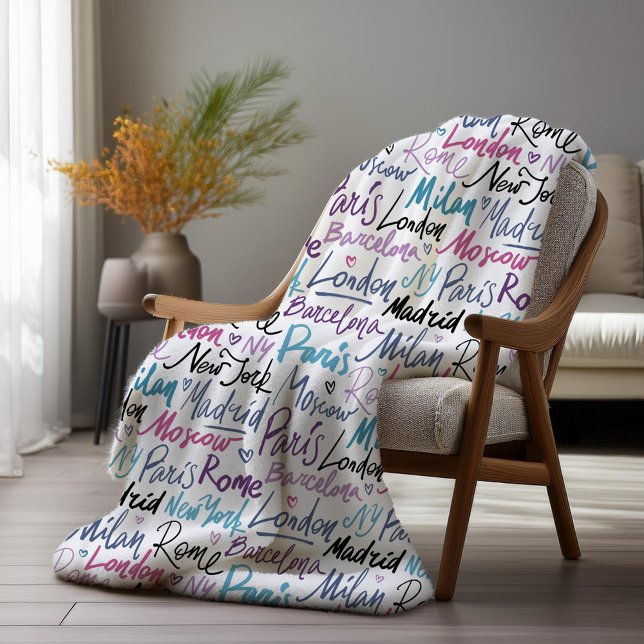 Hand Written Famous Cities of the World Pattern Fleece Blanket (Creator Uploaded)