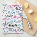 Hand Written Famous Cities of the World Pattern Tea Towel<br><div class="desc">Stylish pattern made up names of famous cities of the world (New York,  Milan,  Rome,  Barcelona,  Moscow,  Paris,  Madrid) in beautiful blue,  purple and pink shades.</div>