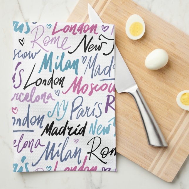 Hand Written Famous Cities of the World Pattern Tea Towel (Quarter Fold)