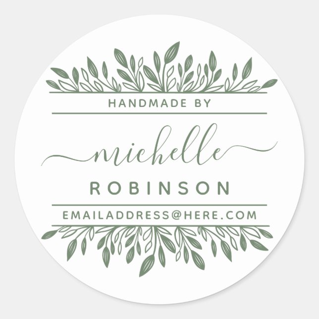 Hand-written Name Sage Green Botanical Handmade By Classic Round Sticker (Front)
