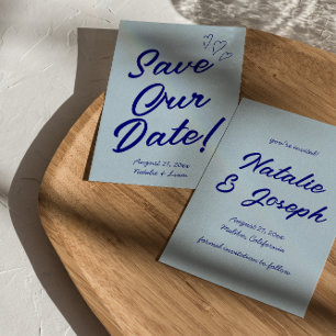 Hand Written Navy Colourful Retro Modern Wedding Save The Date