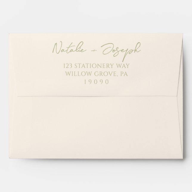Hand Written Olive Green Whimsical Retro Wedding Envelope (Back (Top Flap))