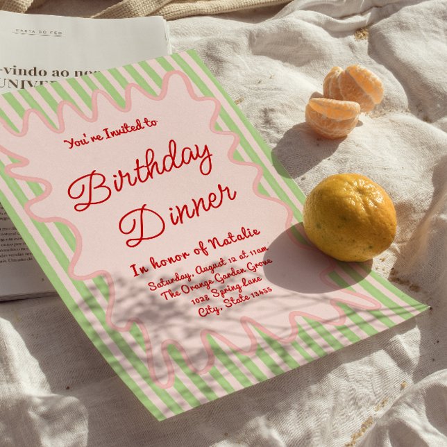 Hand Written Pink Colourful Stripes Birthday Dinne Invitation (Creator Uploaded)