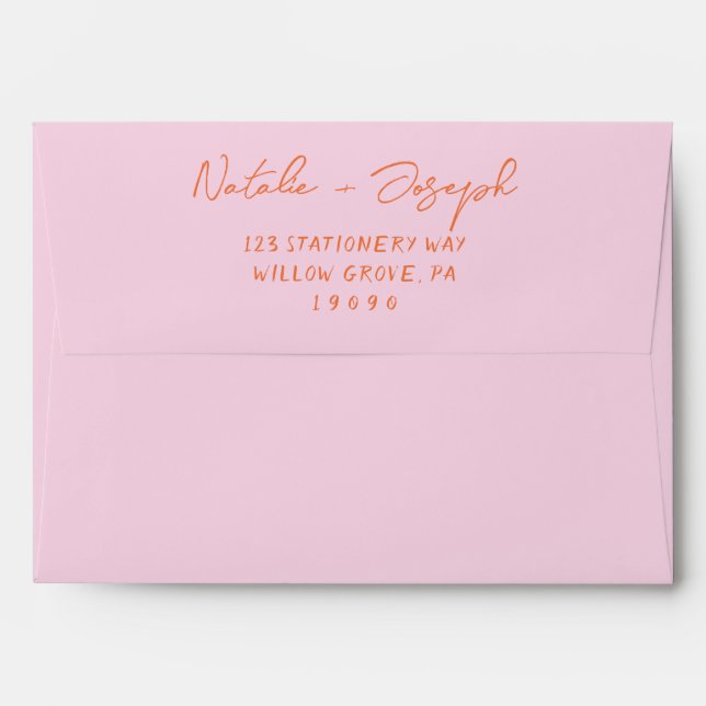 Hand Written Pink Whimsical Retro Modern Wedding Envelope (Back (Top Flap))