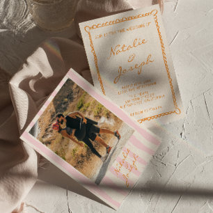 Hand Written Pinstripes Colourful Photo Wedding Invitation