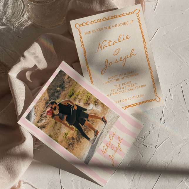 Hand Written Pinstripes Colourful Photo Wedding Invitation (Creator Uploaded)