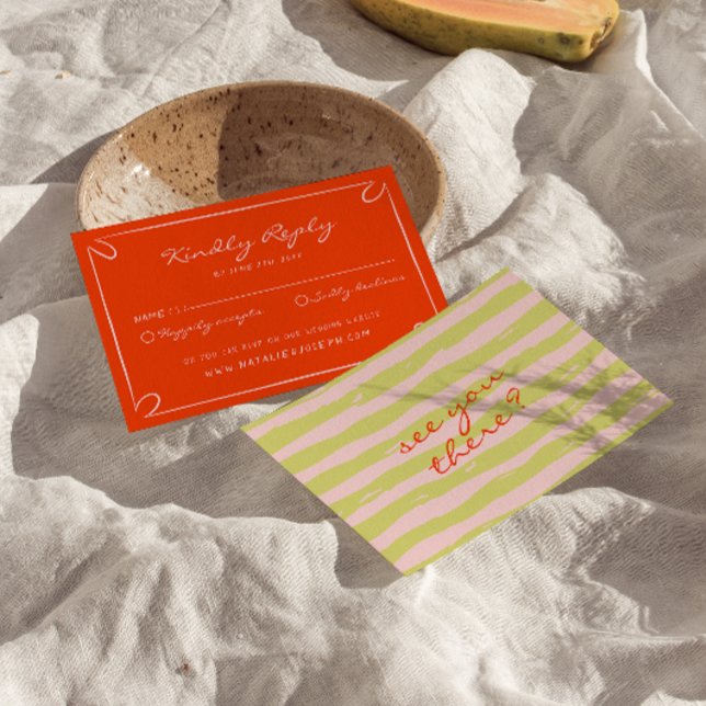 Hand Written Pinstripes Whimsical Italian Wedding RSVP Card (Creator Uploaded)