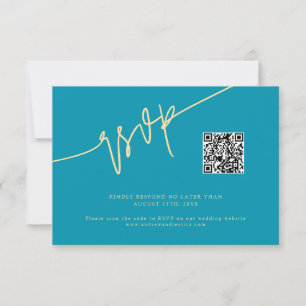 Hand Written Script Aqua Blue Wedding QR Code RSVP Card