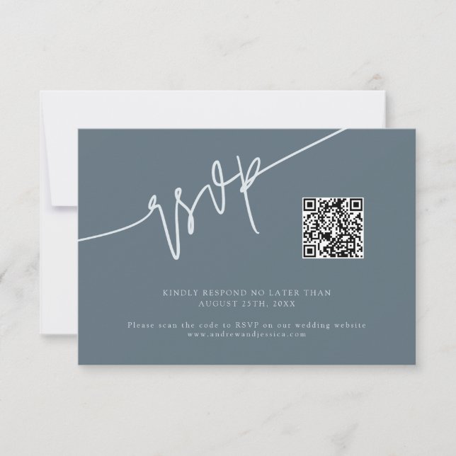 Hand Written Script Slate Blue Wedding QR Code RSVP Card (Front)