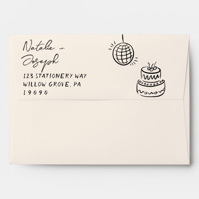 Hand Written Whimsical Retro Trendy Cake Wedding Envelope (Back (Top Flap))