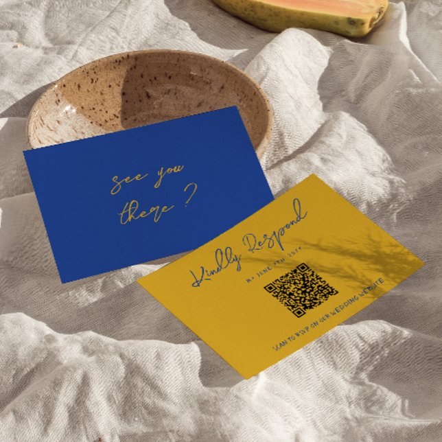 Hand Written Yellow Blue Italian QR Code Wedding RSVP Card (Creator Uploaded)