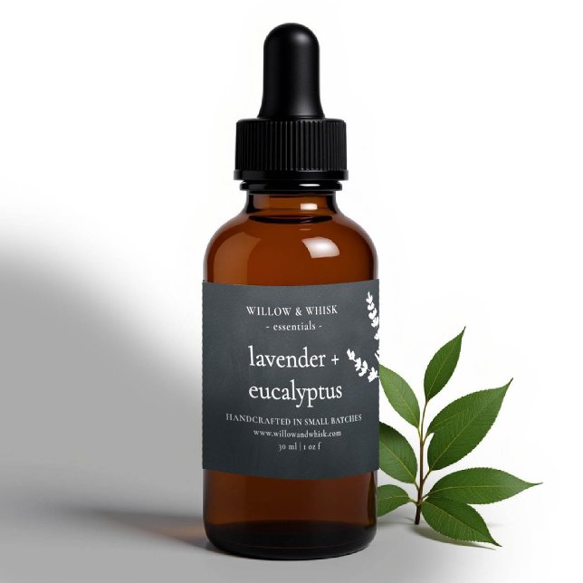 Handcrafted Aromatherapy Essential Oil Black White Rectangular Sticker (essential oil bottle label black botanical custom packaging artisan maker business gifting christmas)