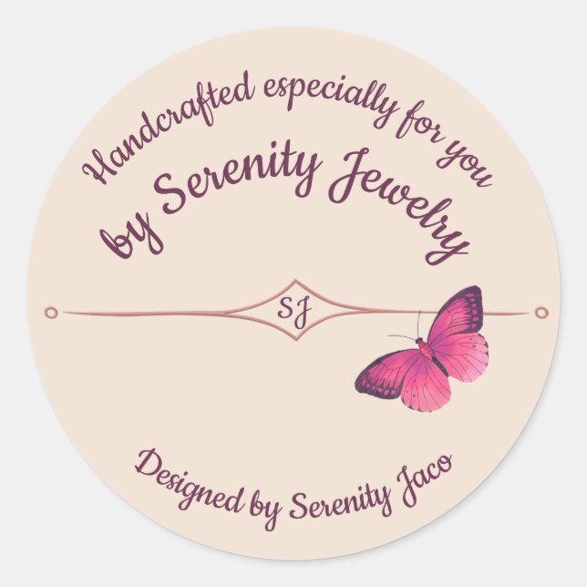 Handcrafted by With Purple Butterfly Classic Round Sticker (Front)
