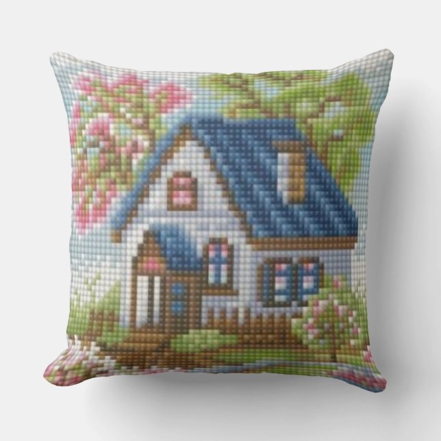 Handcrafted-Effect Mosaic Cottage Art Throw Pillow (Front)