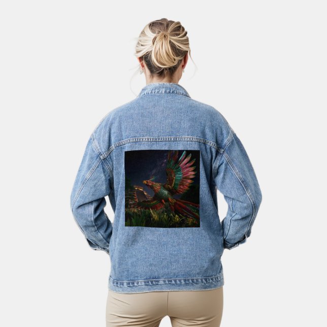 Handcrafted Pheasant and Teotihuacán Pyramid: Trad Denim Jacket (Model)