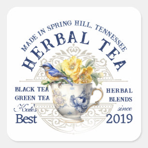 Handcrafted Tea Label with teacup roses bluebird  