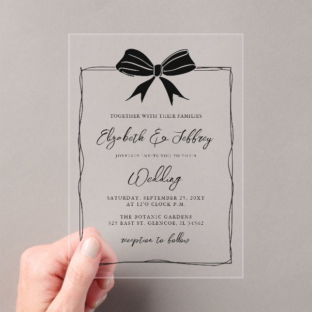 Handdrawn Black Bow Coquette Modern Chic Wedding  Acrylic Invitations (Insitu (Handheld))