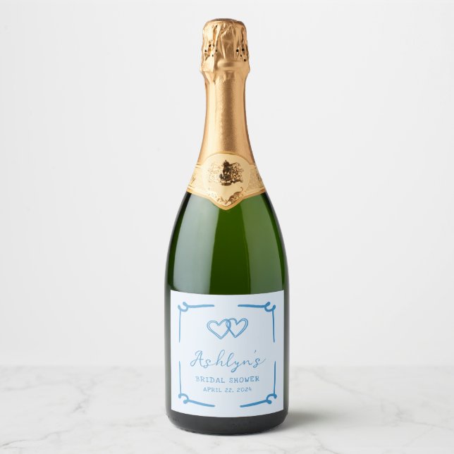 HandDrawn Blue Heart Bridal Shower Champagne Label (Front)