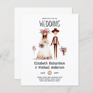 Handdrawn Boho Bride Groom Funny Wedding Invites