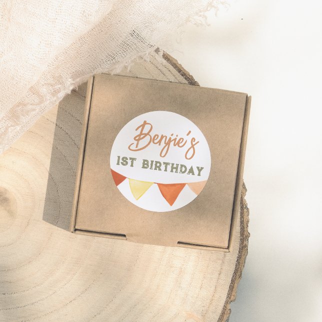 Handdrawn Boho Colour Bunting Boy Birthday Party Classic Round Sticker (Creator Uploaded)