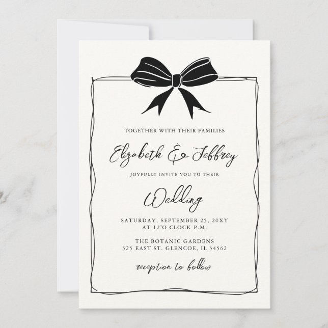 Handdrawn Bow Coquette Modern Chic Wedding Invitation (Front)