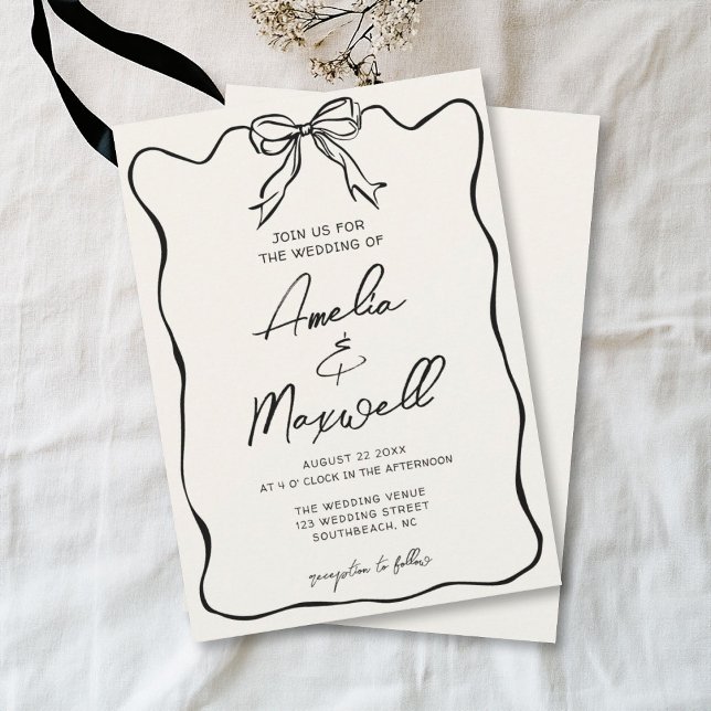 Handdrawn Bow Coquette Trendy Romantic Wedding Invitation (Creator Uploaded)