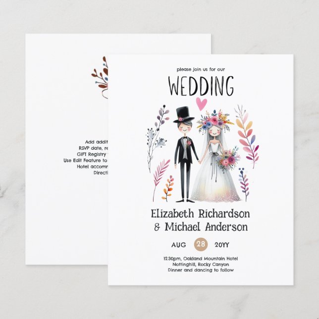 Handdrawn  Bride Groom Cute Funny Wedding Invites (Front/Back)