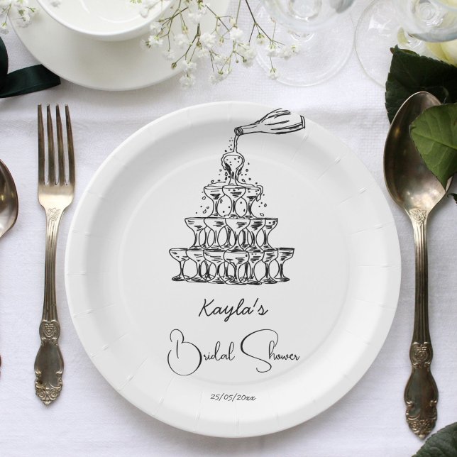 Handdrawn champagne tower minimalist bridal shower paper plate (Hand drawn scribble black and white champagne tower minimalist bridal shower template plates )