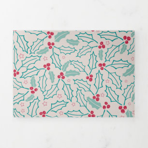 Handdrawn Christmas Holly Berries Red Green White Tri-Fold Holiday Card