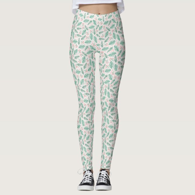 Handdrawn Christmas Pine Branches Green Red Leggings (Front)