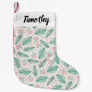 Handdrawn Christmas Pine Branches Green Red White Small Christmas Stocking