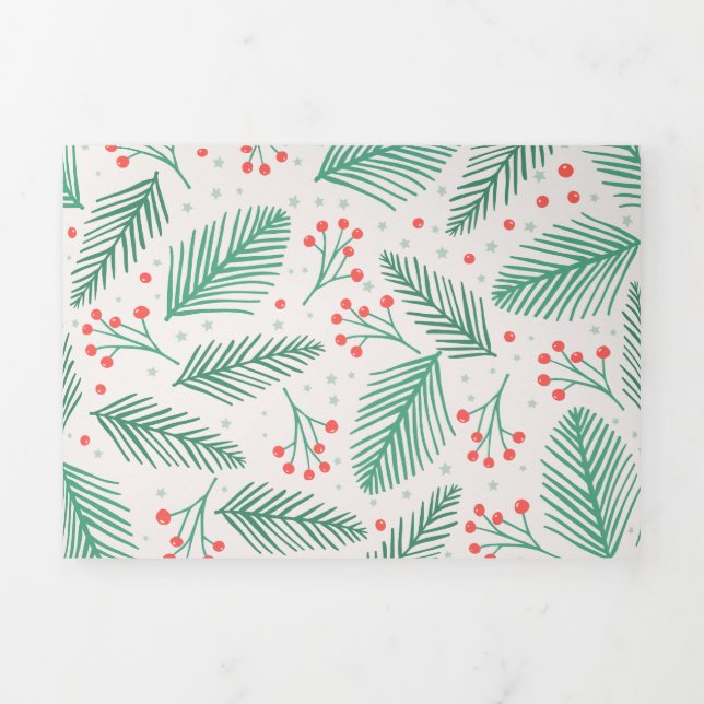 Handdrawn Christmas Pine Branches Green Red White Tri-Fold Holiday Card (Cover)