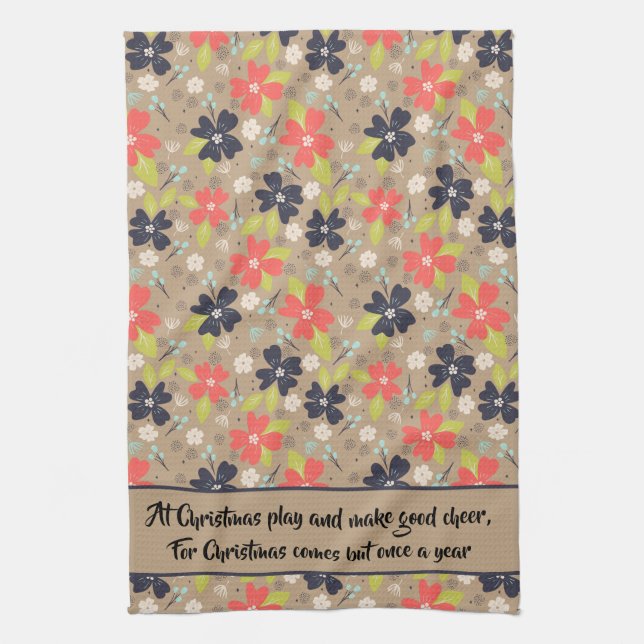 Handdrawn Christmas Poinsettia Red White Navy Tea Towel (Vertical)