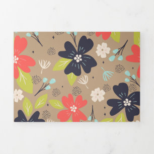 Handdrawn Christmas Poinsettia Red White Navy Tri-Fold Holiday Card