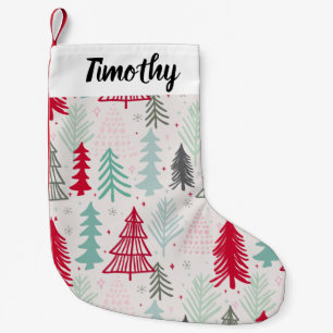 Handdrawn Christmas Trees Evergreen Pine Red Green Small Christmas Stocking
