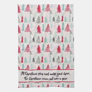Handdrawn Christmas Trees Evergreen Pine Red Green Tea Towel