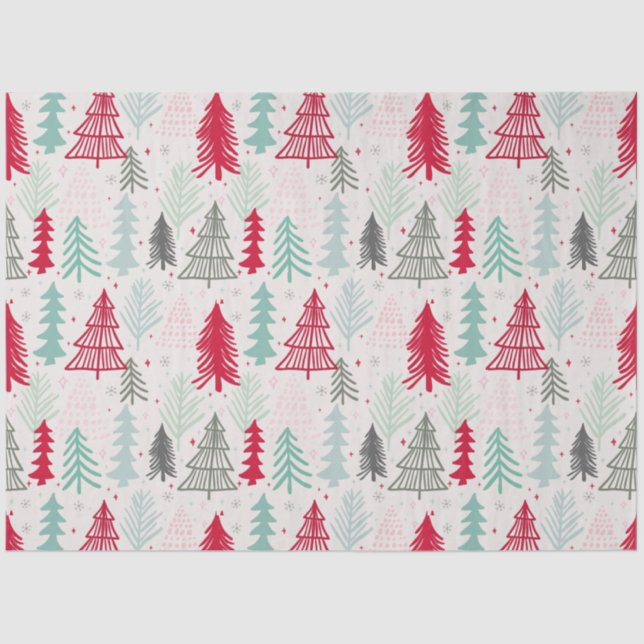 Handdrawn Christmas Trees Evergreen Pine Red Green Tissue Paper (Front)
