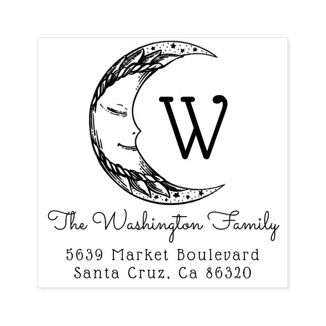 Handdrawn Crescent Moon Family Name Return Address Rubber Stamp (Imprint)