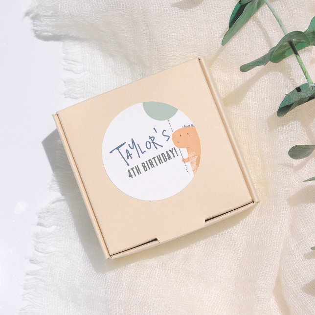 Handdrawn Dinosaur & Balloon Boy Birthday Party Classic Round Sticker (Creator Uploaded)