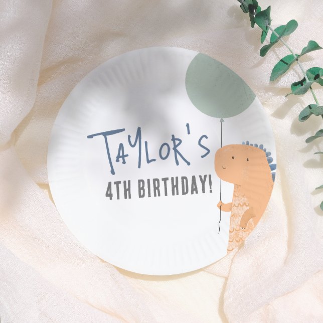 Handdrawn Dinosaur & Balloon Boy Birthday Party Paper Plate (Creator Uploaded)