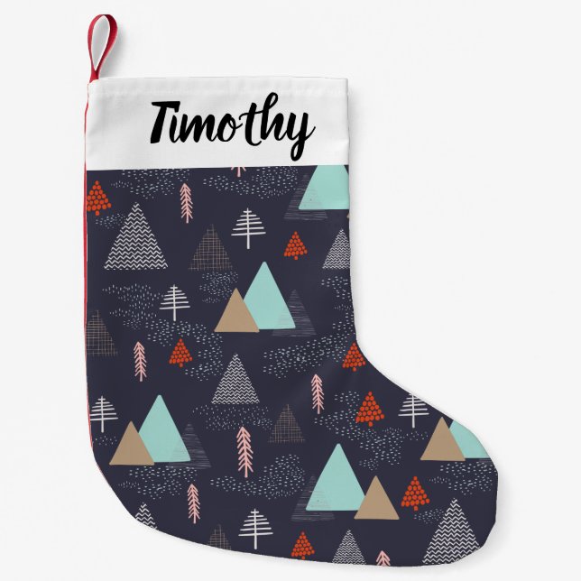 Handdrawn Evergreen Pine Trees in Snow at Night Small Christmas Stocking (Front)