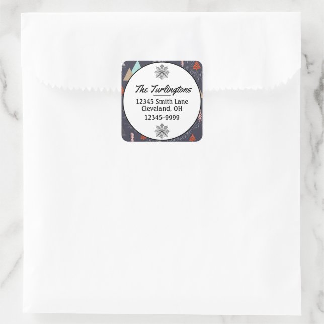 Handdrawn Evergreen Pine Trees Snow Return Address Square Sticker (Bag)