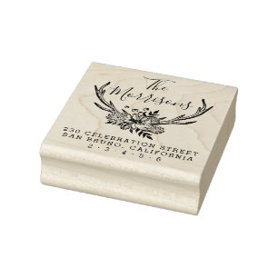 Handdrawn Floral Antlers Custom Return Address Rubber Stamp